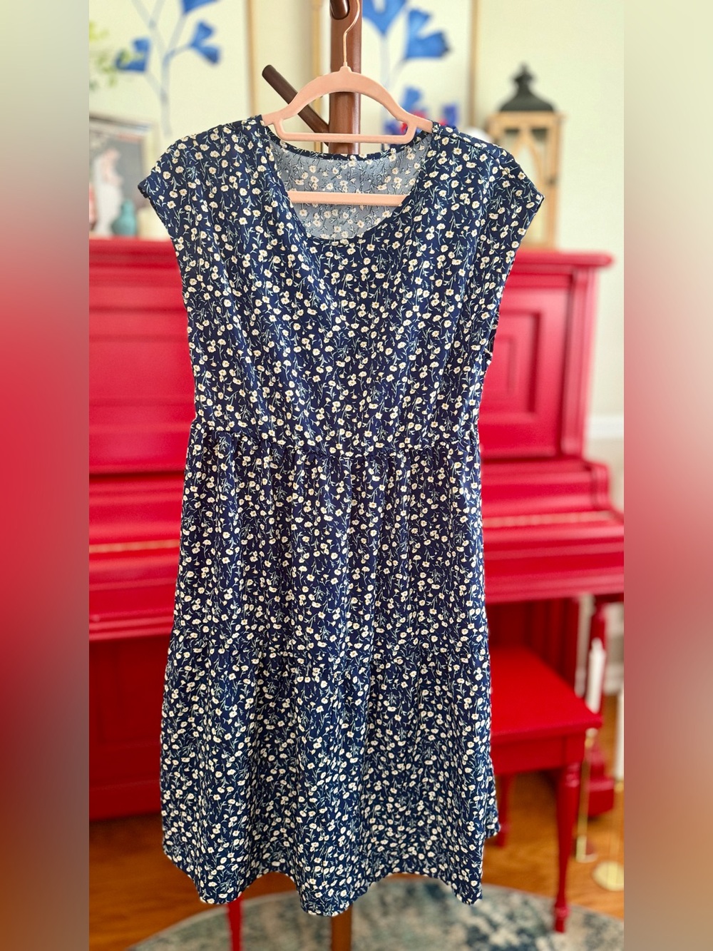 Navy and White Floral Cap-Sleeve Dress